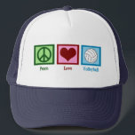 Peace Liebe Volleyball Truckerkappe<br><div class="desc">Ein Friedensschild,  ein Herz und ein hübscher Volleyball auf einem blauen Platz. Ich Liebe Volleyball,  Strand,  drinnen,  du nein!</div>