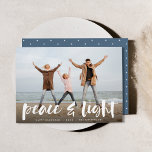 Peace & Light | Full Photo Hanukkah Feiertagskarte<br><div class="desc">Modern Hanukkah photo cards feature your favorite image with "Peace and light" overlaid in white hand lettered brush typography,  with your names and the year beneath.</div>