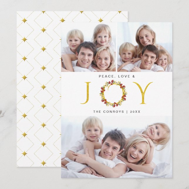 Peace Love and Joy 3-Photo Faux Foil Carte de vaca (Devant / Derrière)