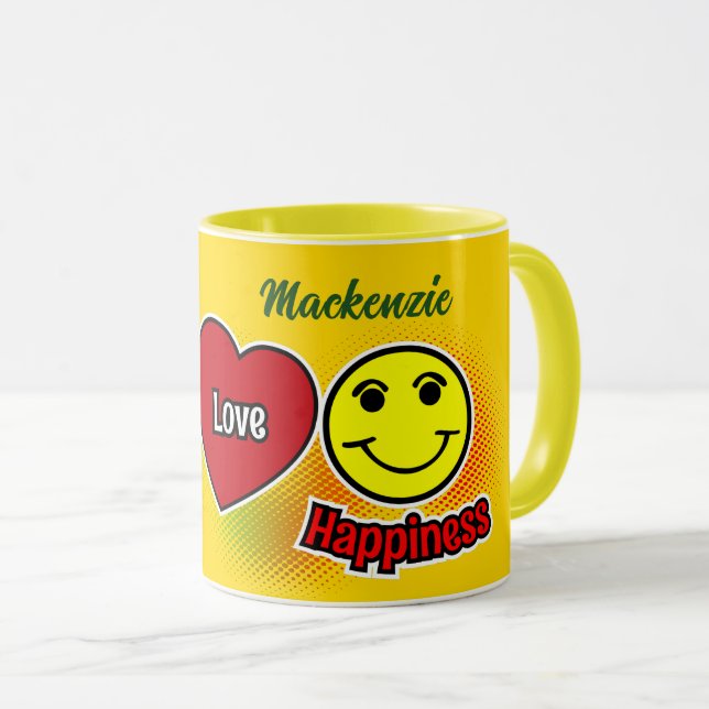 Peace Love Happiness Yellow Tasse (VorderseiteRechts)