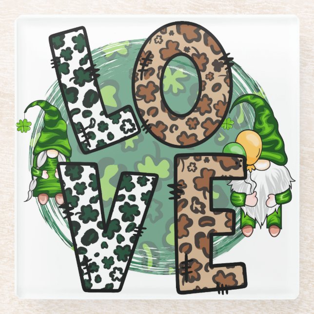 PEACE LOVE HAPPY ST PATRICKS DAY CUTE GNOMES GLASUNTERSETZER (Vorderseite)