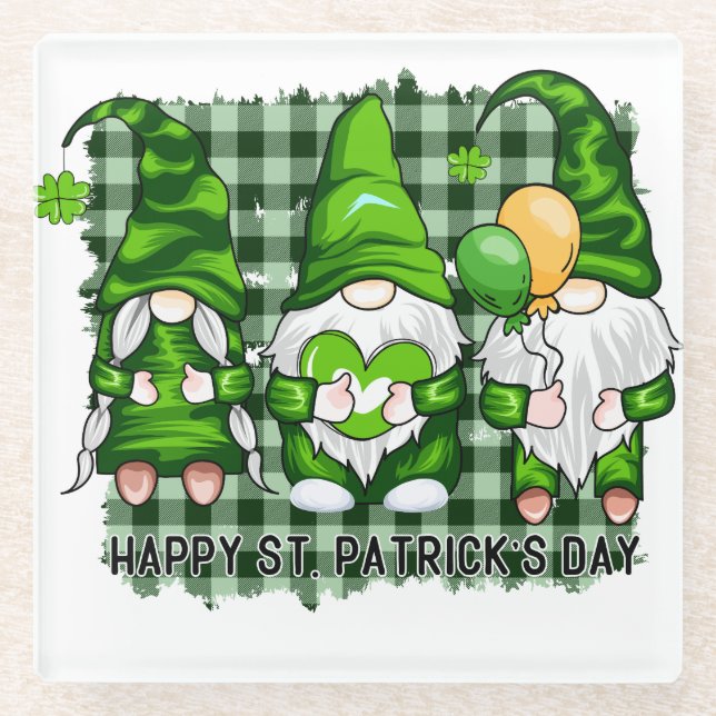 PEACE LOVE HAPPY ST PATRICKS DAY CUTE GNOMES GLASUNTERSETZER (Vorderseite)
