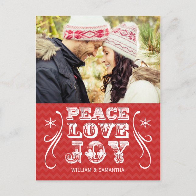 Peace Love Joy Red Chevron Holiday Carte postale (Devant)
