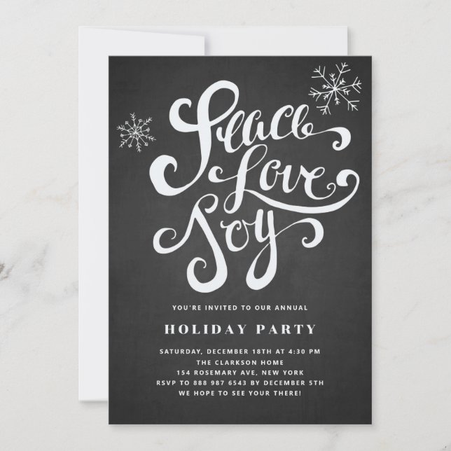 Peace, Love & Joy Rustic Holiday Party Invitation (Devant)