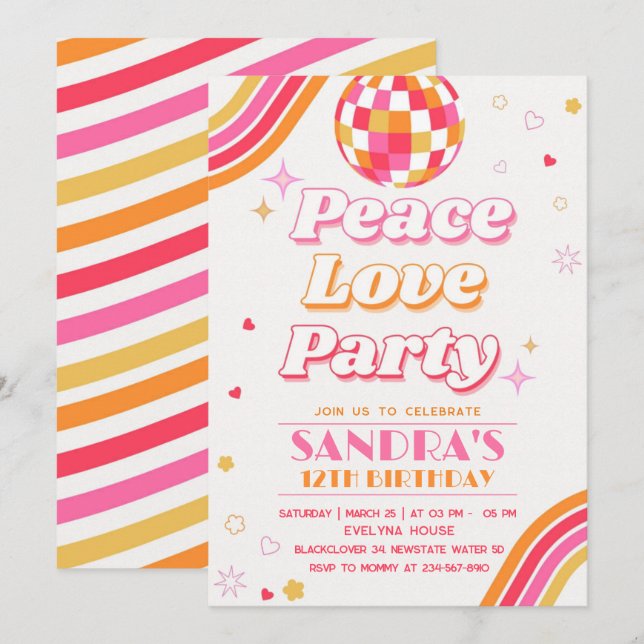 Peace Love Party Anniversaire Invitation (Devant / Derrière)
