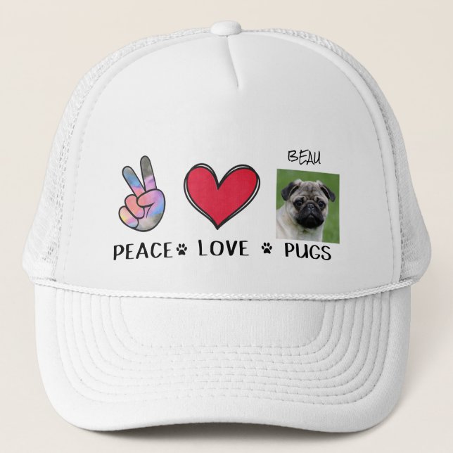 Peace Love Pug Dog Lovers Trucker Hat Truckerkappe (Vorderseite)