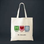 Peace Love Science Teacher Personalized Tragetasche<br><div class="desc">Cool gift for a science teacher,  scientist,  or just a geek that love to learn about how the world works. Cute Peace Love Science design with a peace sign,  heart,  and atom model.</div>