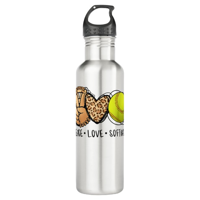 Peace Love Softball Mom Leopard Print Mother's Day Edelstahlflasche (Vorderseite)