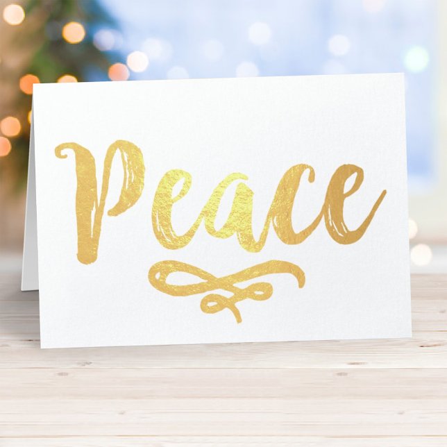 Peace Modern Brushed Script Foto Holiday Gold Folienkarte (Von Creator hochgeladen)