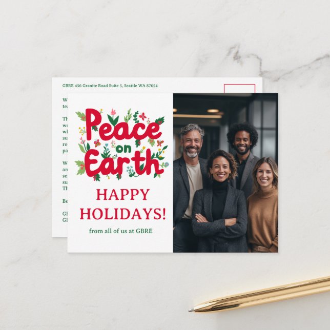 PEACE ON EARTH BUSINESS CUSTOM PHOTO Holiday Postkarte (Vorderseite/Rückseite Beispiel)