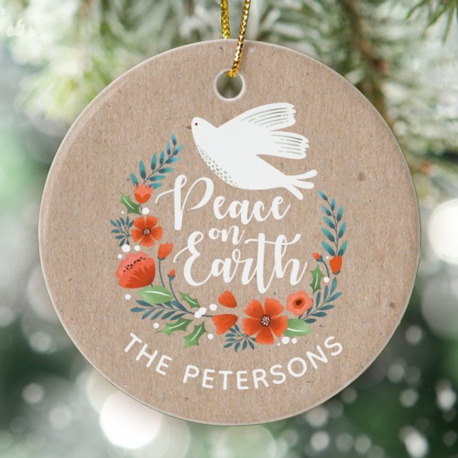 Peace on Earth Elegant White Dove Christmas Keramik Ornament (An elegant peace on earth Christmas ornament)