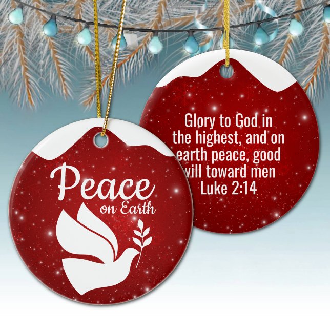 Peace On Earth white dove religious holiday 🕊🎄 Keramik Ornament (peace on earth white dove religious holiday christian season bible verse luke 2 14 festive design 🕊)