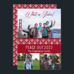 Peace Out 2023 Was a Year 3 Foto Collage - Red Feiertagskarte<br><div class="desc">"Peace Out 2023" "What a Year!",  drei Foto-Collage mit Friedenssymbol solide und Kontur-Muster auf Vorder- und Rückseite wiederholt. Fügen Sie einfach Ihren Familiennamen hinzu. Composite Design von Holiday Hearts Designs (Rechte vorbehalten). Fotos für Platzhalter für Vorlagen,  die über Unsplash bereitgestellt werden.</div>