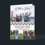 Peace Out 2025 Was a Year 3 Foto Collage - BW Feiertagskarte<br><div class="desc">"Peace Out 2025" "What a Year!" drei Foto-Collage mit einem soliden Friedenssymbol und einem Muster der Kontur. Fügen Sie einfach Ihre Familienname-Unterschrift vorne, eine eindeutige Nachricht, das Schließen und die Unterschrift im Inneren ein. Composite Design von Holiday Hearts Designs (Rechte vorbehalten). Fotos für Platzhalter für Vorlagen, die über Unsplash bereitgestellt...</div>