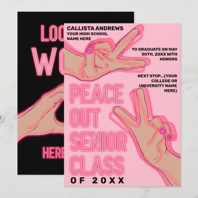 Peace Out School Pink Neights Lights Abschluss Ankündigung (Vorne/Hinten)
