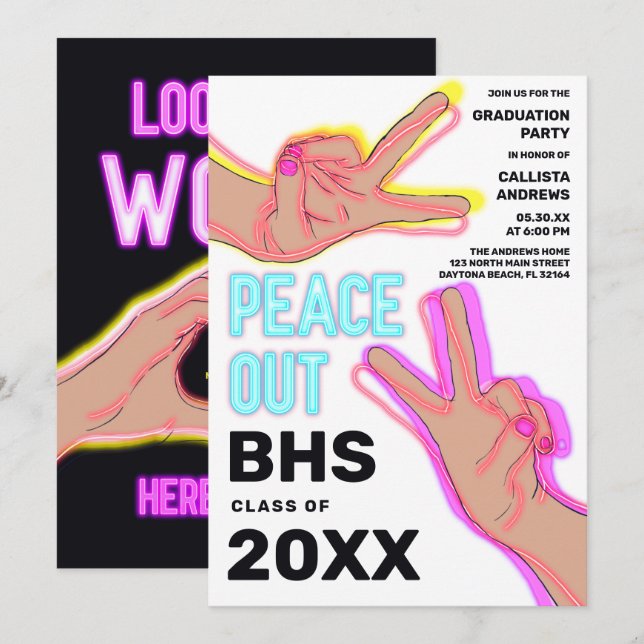 Peace Out School Pink Neon Lights Graduation Party Einladung (Vorne/Hinten)