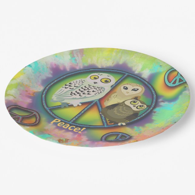 Peace Owls 60er Stil Pappteller (Schrägansicht)