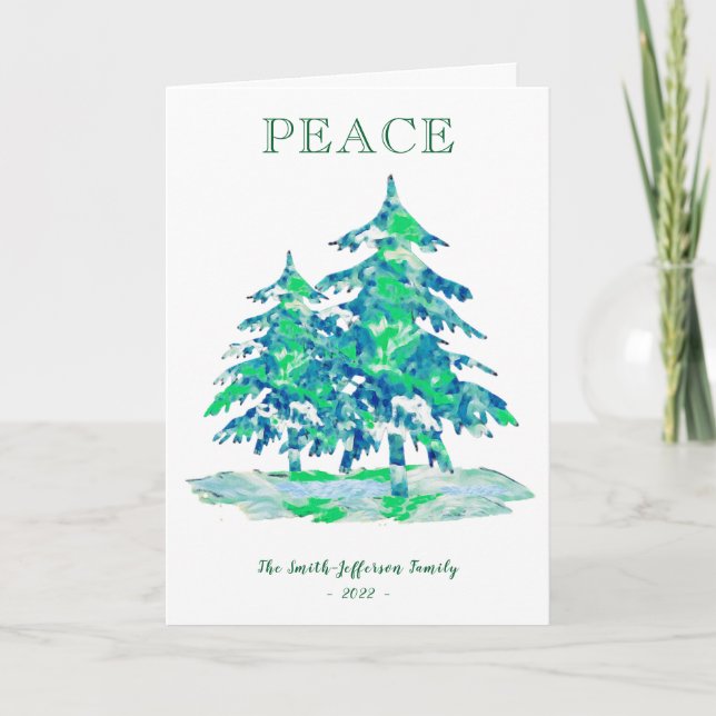 Peace Painterly Green Christmas Tree Holidays Karte (Vorderseite)