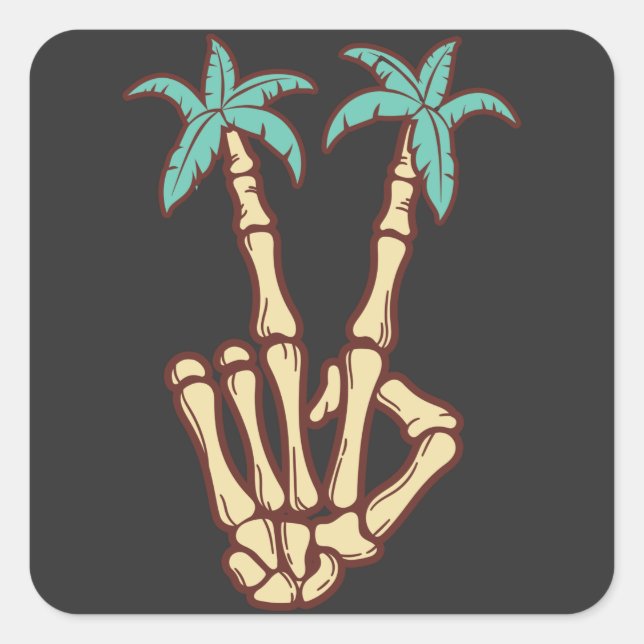 Peace Palm Trees Skeleton Hand Zeichen für Hallowe Quadratischer Aufkleber (Vorderseite)