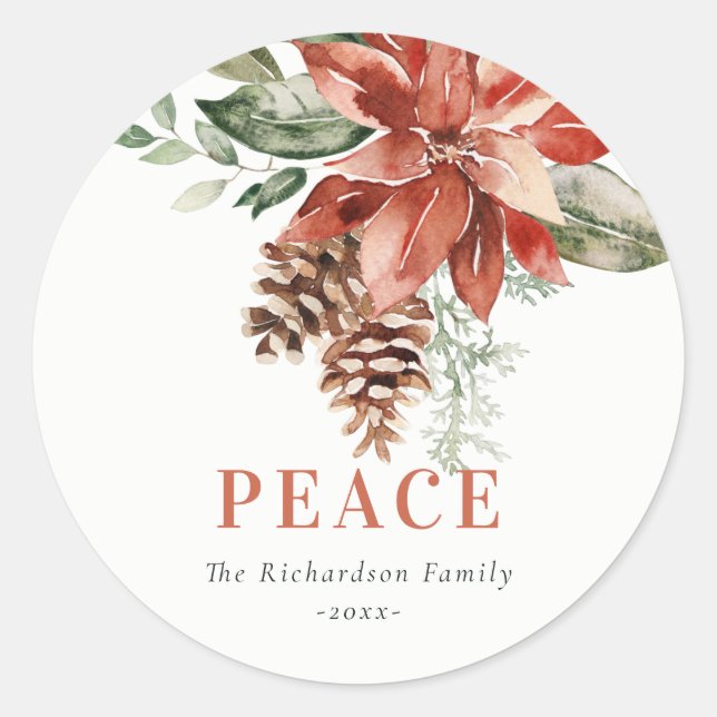 Peace Poinsettia Bunch Wasserfarben Pinienwald Wei Runder Aufkleber (Vorderseite)