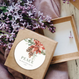 Peace Poinsettia Bunch Wasserfarben Pinienwald Wei Runder Aufkleber