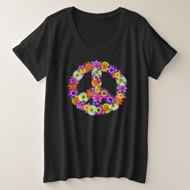 Peace Sign Bloral Cutout auf schwarz Große Größe T-Shirt (Design vorne)