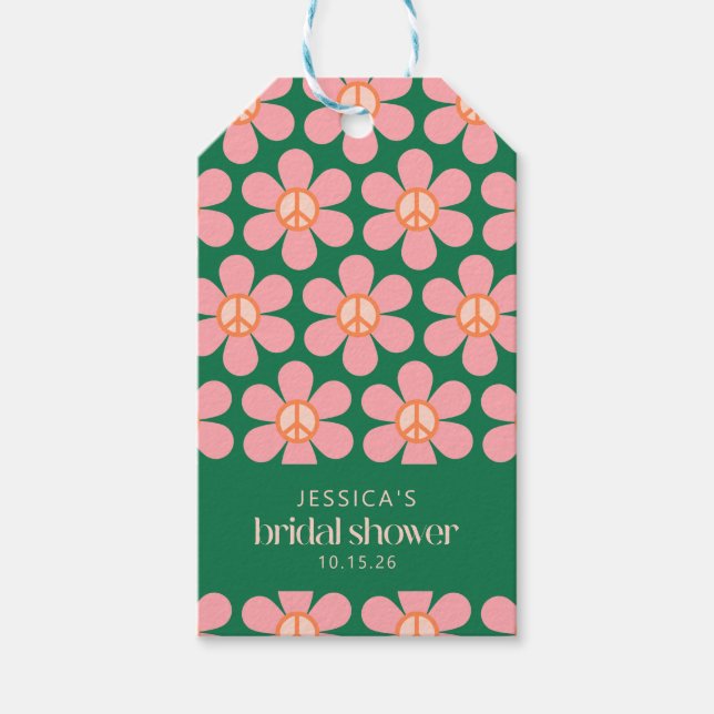 Peace Sign Blumen Green Pink Custom Brautparty Geschenkanhänger (Vorderseite)