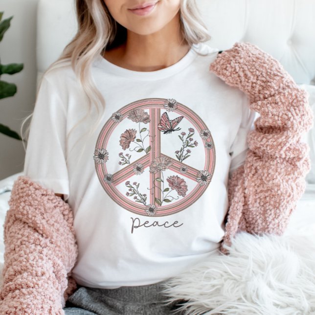Peace Sign Boho Floral Butterfly Girly Retro T-Shirt (Von Creator hochgeladen)
