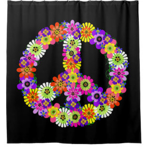 Peace Sign Floral on Black Duschvorhang