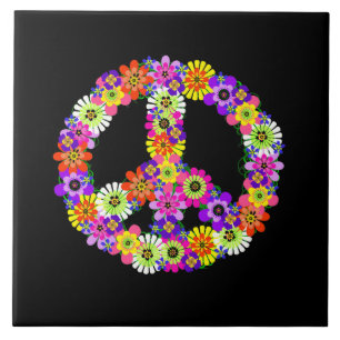 Peace Sign Floral on Black Fliese