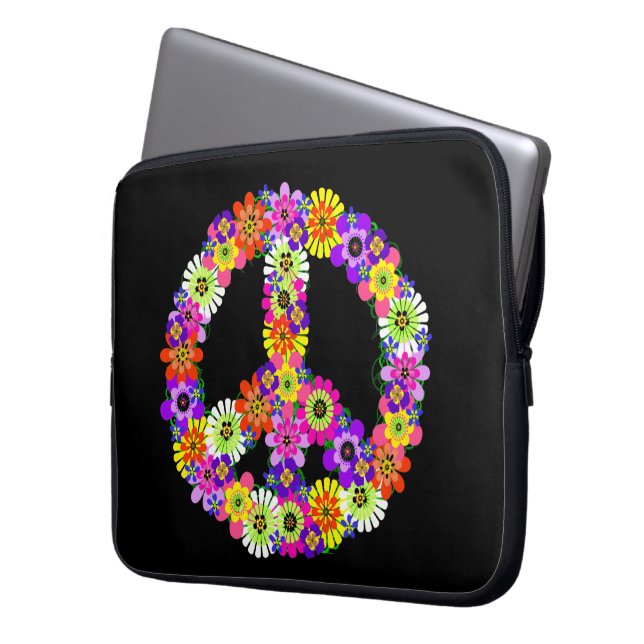 Peace Sign Floral on Black Laptopschutzhülle (Vorderseite Links)