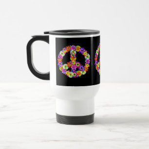 Peace Sign Floral on Black Reisebecher