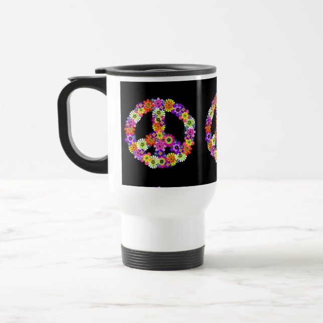 Peace Sign Floral on Black Reisebecher (Links)