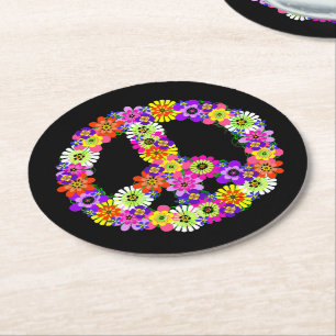 Peace Sign Floral on Black Runder Pappuntersetzer
