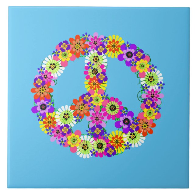 Peace Sign Floral on Light Blue Fliese (Vorderseite)