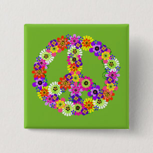 Peace Sign Floral on Lime Green Button