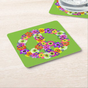 Peace Sign Floral on Lime Green Rechteckiger Pappuntersetzer