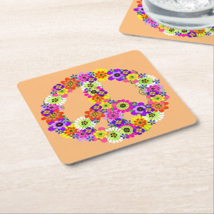 Peace Sign Floral on Peach Rechteckiger Pappuntersetzer