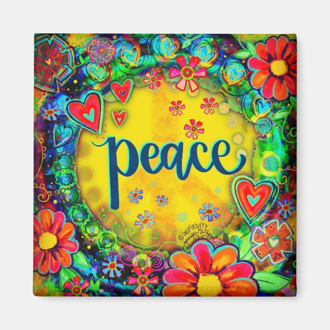 Peace Sign Fun Gelbe Farbenfrohe Blumeninspirivitä Magnet (Vorne)