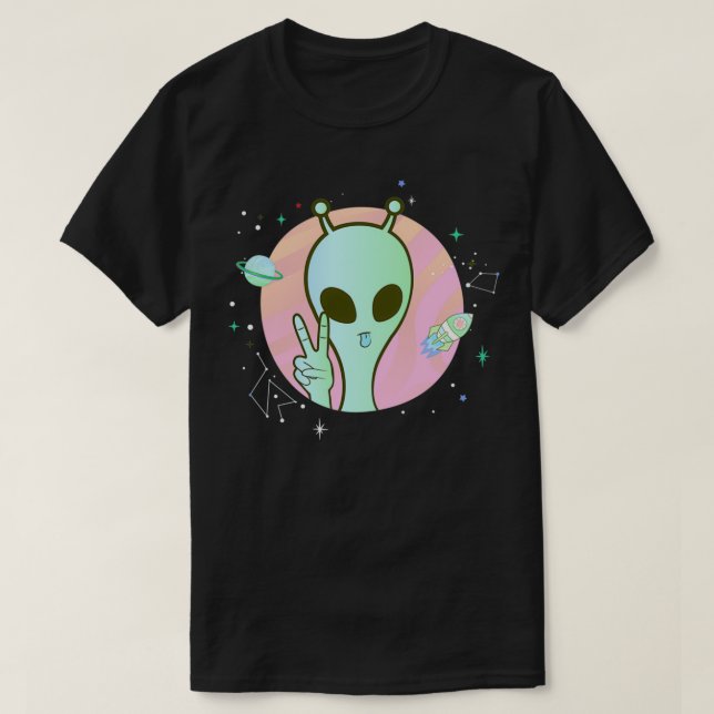 Peace Sign Hand Planet Stars UFO Cool Trippy Green T-Shirt (Design vorne)