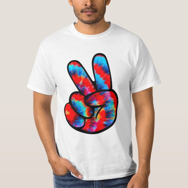 Peace Sign Hand Red Blue Gefärbte Krawatte T-Shirt (Vorderseite)