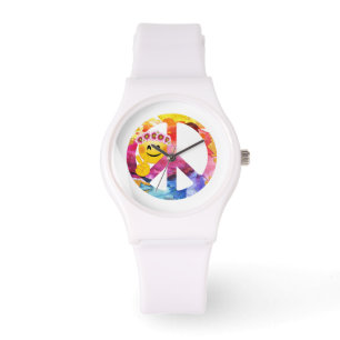 Peace Sign, Hippie Emoticon Wasserfarben Kunst Armbanduhr
