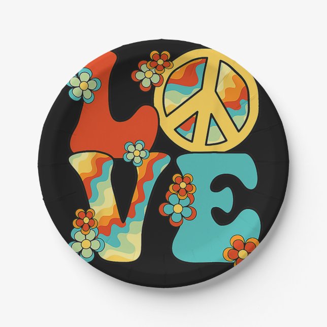 PEACE SIGN LOVE 60s 70s Tie Dye Hippie Halloween C Pappteller (Vorderseite)