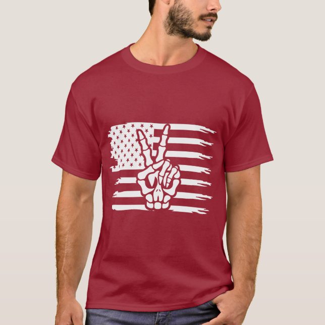 Peace Sign Patriotic American Flag Skeletthand T-Shirt (Vorderseite)