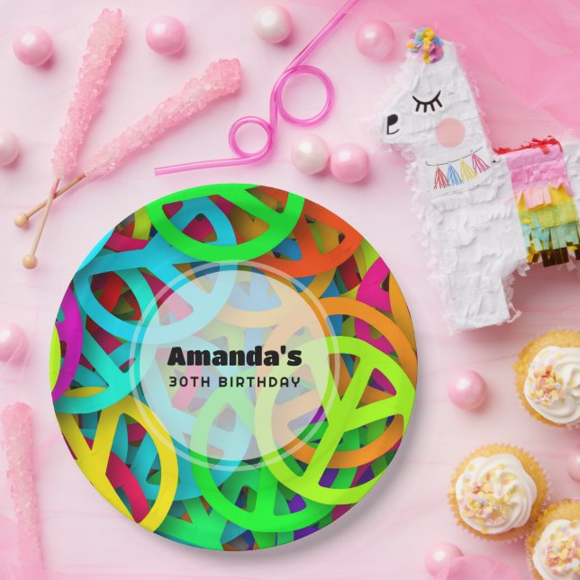 Peace Sign Pattern Groovy 60er Vibe Birthday Pappteller (Party)