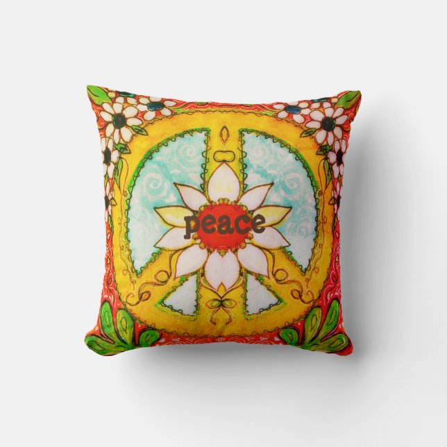 Peace Sign Pillow Daisy Liebe Hippie Boho Kissen (Vorderseite)