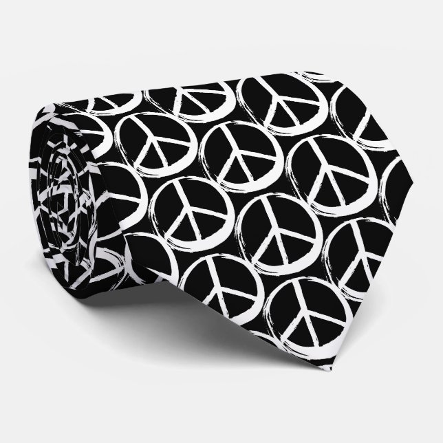 PEACE Symbol - 60er Hippie Elegant White Black Krawatte (Gerollt)