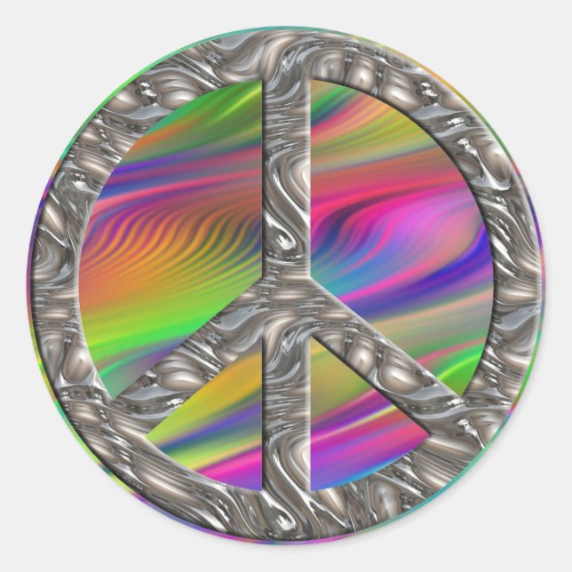 PEACE-Symbol - SILVER | Farbwellen Runder Aufkleber (Vorderseite)