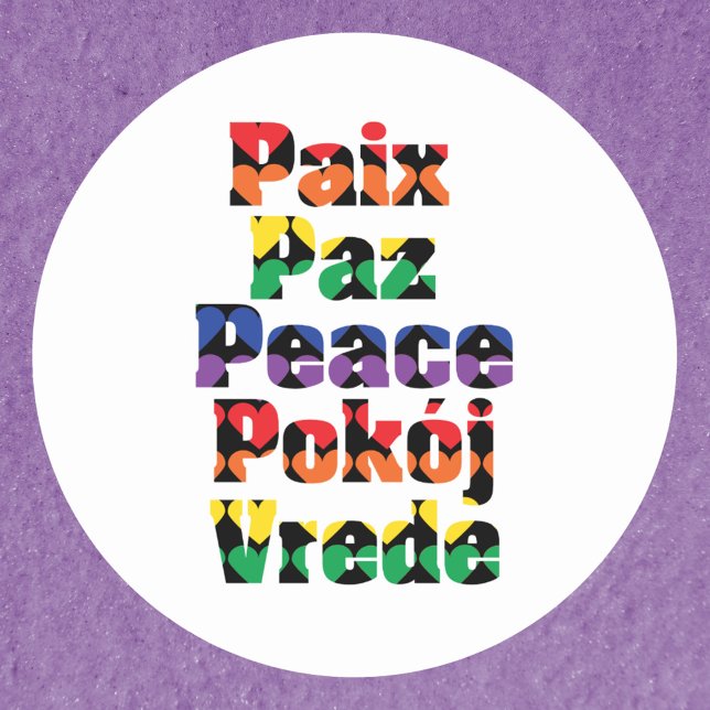 Peace Typografy Rainbow Hearts Runder Aufkleber (A colorful sticker that says peace in English, French, Spanish, Dutch and Polish)