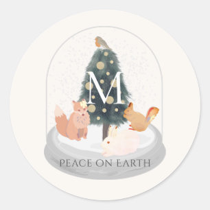 Peace Woodland Animes Snow Globe Monogram White Runder Aufkleber